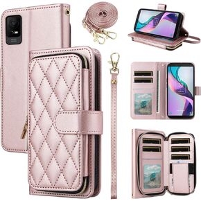 Argyle Wallet Case for Metro TCL Ion X/Ion V/40Z T607DL with Wrist Strap Shoulder Strap, 9+ Card Slots Zipper Purse Luxury PU Leather Stand Cell Phone Cover for IonX T430W IonV 2023 Rose Gold