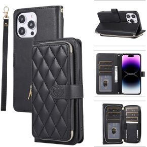 for iPhone 15 Pro Max Zipper Wallet Case with Card Holder, 9 Card Slots Large Capacity and Multiple Style Lanyards.(Black)