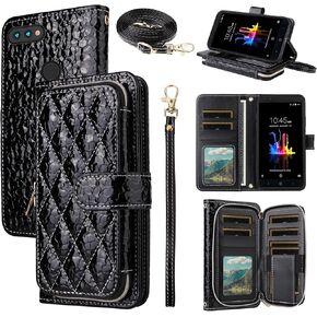 Argyle Wallet Case for ZTE Blade ZMax Z982 with Crossbody/Wrist Strap Lanyard Luxury PU Leather Kickstand Zipper Purse Shockproof Card Holder Cell Phone Cover for Z Max Pro 2/Sequoia 982 Black