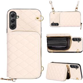 Compatible with Samsung Galaxy S24 FE 5G Flip Zipper Wallet Case with Crossbody Shoulder Strap, 8 Card Slots PU Leather Stand Accessories Cell Phone Cover for S 24 EF S24FE 24S Women Beige