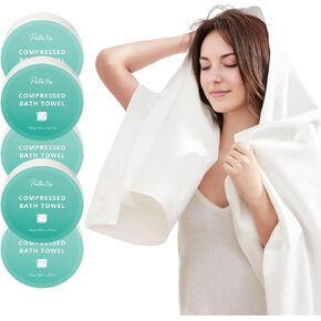 Compressed Towel Tablets Disposable Bath Towel 55’’x27.5’’ Larger Thicker Softer Reusable Towel for Camping Hotel Sports Beach Swimming Hiking Vacation 5 Pack