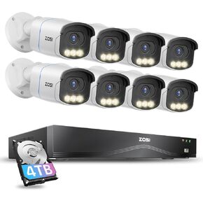 ZOSI 16CH 4K PoE Security Camera System,8pcs 4K C186 Aurora Lux Outdoor PoE Cameras with True Full Color Night Vision,Person Vehicle Detection,2 Way Audio,8MP 16CH NVR with 4TB HDD for 24/7 Recording