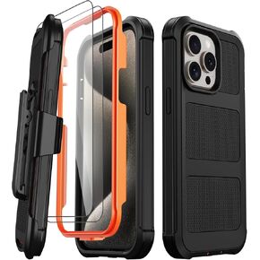 for iPhone 15 Pro Max Case with 2X Screen Protector + [Kickstand & Belt Clip Holster], Military-Grade Drop Protection Bumper Heavy Duty Shockproof Phone Case for iPhone 15 Pro Max (Orange)