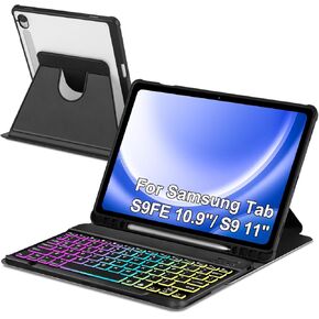 Case with Keyboard for Samsung Galaxy Tab S9 FE 10.9"/ S9 11 inch 2023,7 Color Rainbow Backlit Detachable Keyboard Rotatable Magnetic Cover with Pencil Holder for Samsung Tablet S9 FE Black