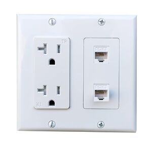 20Amp Power Outlet with 2 CAT6 Ethernet Port - Double Gang Ethernet and Power Outlet Cover Plate with 2 CAT6 RJ45 Keystone Jack - White