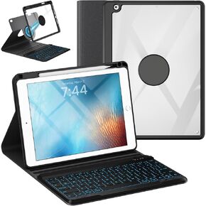 Keyboard Case for iPad 9.7 6th 2018/5th gen 2017/ Air 2-7 Color Wireless Backlit Keyboard - Detachable Slim Folio Cover with Pencil Holder (Black)