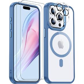 Temdan Magnetic for iPhone 15 Pro Max Case Clear, [Compatible with Magsafe][2 Pcs Glass Screen Protector+Camera Lens Protector] [Not Yellowing] Slim Shockproof for iPhone 15 ProMax Case,Blue