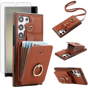 Asuwish Phone Case for Samsung Galaxy S23 Ultra 5G Wallet Cell Cover with Screen Protector and Crossbody Strap Ring Stand RFID Credit Card Holder S23Ultra 23S S 23 23Ultra 6.8 inch Women Girls Brown