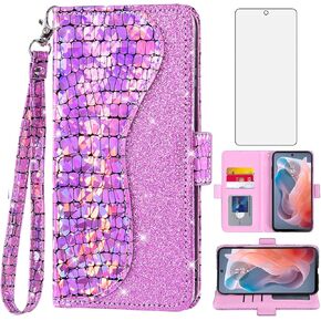Asuwish Phone Case for Motorola Moto G Play 2024 4G Wallet Cover with Tempered Glass Screen Protector and Flip Credit Card Holder Bling Glitter Cell Accessories XT2413V XT2413-1 64GB Women Girls Blue
