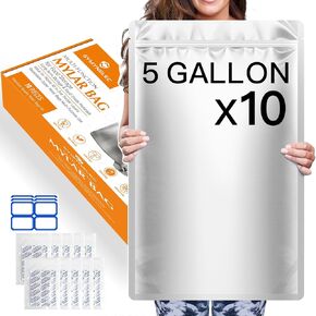 Mylar Bags 5-Gallon for Food Storage: 10-Pack Thick Long Term Store Bags with Oxygen Absorbers - 11 Mil Air Vacuum Heat Seal Bags for Bucket Rice Beans - Large Sturdy Food Package