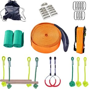 Obstacle Course for Kids, Outdoor Children's Balance Training Climbing Combination Sports Set, Slackline Kit with 7 Adjustable Obstacles - Tree Protectors, Twin Gear Ratchets, Carry Bag (Orange)