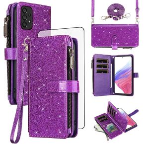 ASUWISH PHOPER CASE لـ Samsung Galaxy A53 5G Wallet Stand Cell With With Glass Glass Screen Strap Bling Glitter Zipper Flip بطاقة الائتمان A 53 G5 53A SM A536U 6.5 "2022 نساء أسود