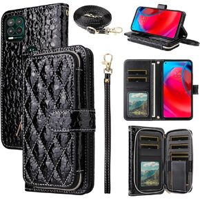 Argyle Wallet Case for Moto G Stylus 5G 2021 with Crossbody/Wrist Strap Luxury PU Leather Kickstand Zipper Purse Shockproof Card Holder Cell Phone Cover for Motorola GStylus G5 XT2131DL Black