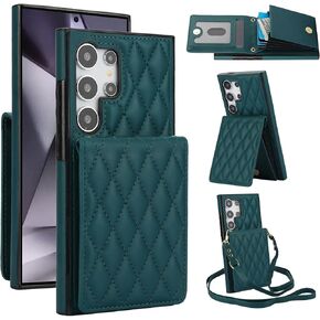 Phone Case for Samsung Galaxy S25 Ultra 5G Wallet Cover with Tempered Glass Screen Protector Credit Slot Card Holder Crossbody Strap Stand RFID Blocking S25Ultra 25S S 25 25Ultra Women Men Dark Green