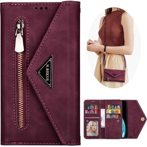 CCSamll Crossbody Wallet Case for Samsung Galaxy S24 FE (Not S24) for Women, Zipper Pocket Purse Handbag Neck Strap Lanyard Cover with 9 Card Slot Holder Case for Samsung S24 FE XK Wine