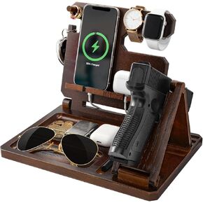 Multifunctional Wooden Gun Rack, Durable Nightstand Organizer with Pistol Rack Pistol Display Stand for Phone Wallet Ring Key Watch Gun Gifts for Men Dad Husband Boyfriend, Dark Brown