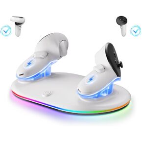 Compact Charging Dock for Meta Quest 3/3s/2 Controllers with RGB Light, VR Accessories Display Stand & Wireless Charging Station for Oculus Controllers with Rechargeable Batteries (2100mAh*2)