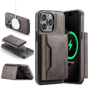 Wallet Case for iPhone 16 Pro, Retro Leather Magnetic Back Cover Compatible with MagSafe, Shockproof Protective Phone Case with Detachable Trifold Card Holder Wallet Stand (Coffee)