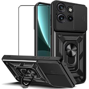 Case for Motorola Edge 50 NEO 5G with Tempered Glass Screen Protector,Sliding Camera Window, Kickstand, Shock-Proof Anti-Scratch Dual-Layer Phone Cover, Black