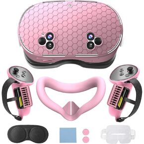 7 in 1 Silicone Cover Set for Oculus Meta Quest 3S Accessories, VR Face Cover, Protective Controller Grips Cover, Silicone Facial Inerface, Quest 3s Skin Bundle (Pink-2)