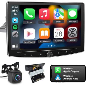 NHOPEEW 10 inch Single Din Android Car Stereo with Wireless Apple Carplay and Android Auto Floating Touchscreen Radio with AHD Backup Camera and Mic Bluetooth GPS WiFi HiFi Audio