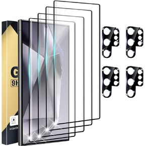 [4+4 Pack Galaxy S24 Ultra Screen Protector, 4 Pack Tempered Glass with 4 Pack Camera Lens Protector, High Clarity, Anti-Shatter, Bubble Free for Samsung S24 Ultra 5G Screen Protector