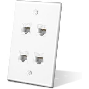 Ethernet Wall Plate Outlet, 4 Port Matte Keystone Wall Plate with RJ45 Keystone Coupler, White