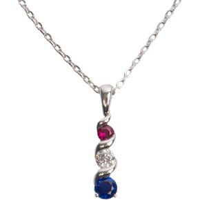 Solid Sterling Silver Three Stone 2.25 CTW Lab-Grown Ruby, White, Blue Heart Shaped Gemstone Pendant Necklace | Patriotic Pendant | Gift for Birthdays and Anniversary For Her