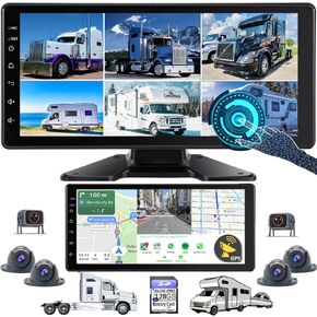 GPS Navigation Car Stereo with Carplay 10.36-Inch 6 Split 128GB 1080P Backup Camera Monitor & Built-in DVR for RV Truck Trailer Rear Side Front Reversing View Wired System Waterproof DGPS6