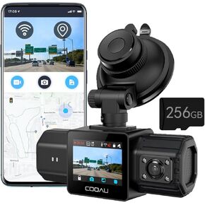 COOAU Dual Dash Cam 2.5K 1080P with 256GB Card & WiFi GPS, Dash Cam Front and Inside, Dash Camera for Cars, Perfect for U-BER and Taxi Drivers, Night Vision, G-Sensor, 24Hr Parking Mode