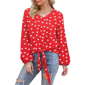 VIISHOW Womens Tie Front Knot Lartern Sleeve Loose Fit V Neck Floral Blouses Chiffon Tops Shirts