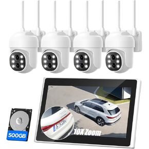 2K Security Camera System Wireless Outdoor with 10“ IPS Monitor, 4pcs Dual Lens PTZ Security Camera,10x Hybrid Zoom, Auto Tracking, 2 Way Audio, Color Night Vision, No Subscription, 500GB HDD