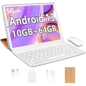 Android 13 Tablet 2025 10.1 inch Tablet with Octa-Core Processor,10GB RAM+64GB ROM (Expandable up 1TB), 5MP+8MP Dual Camera, 5G WiFi, Bluetooth 5.0, GPS, with Keyboard,Mouse - Gold