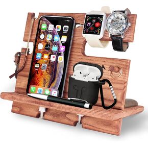 BarvA Gifts for Men Dad Birthday Idea Wood Docking Station Phone Rustic Nightstand Organizer Table Charging Dock Watch Charging Stand Wallet Key Gadget Device Bedside Holder Bedroom Desk Accessories