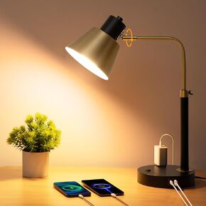 Desk Lamp with USB+Type C Port and AC Outlet, Table Lamp Adjustable Head Heavy Duty Metal Matte Black Base Modern Brushed Brass Finished Desk Light for Office Home Reading Study