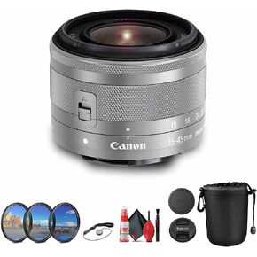 Canon EF-M 15-45mm f/3.5-6.3 هو عدسة STM (الفضة) (0597C002) + BACTER BACK + CAPER KEYER + CAP KEYER (متجدد)