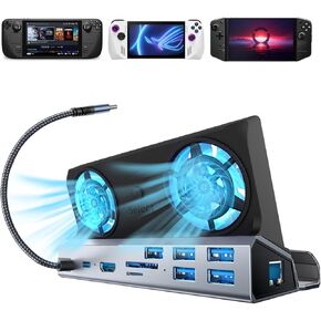 10-in-1 Docking Station for Steam Deck OLED & ROG Ally X & Legion Go, Dual Cooling Fan 5 USB Ports, 4K@60Hz HDMI 2.0, 100W Charging Port Support ROG Ally 30W Mode, Gigabit Ethernet, SD/TF