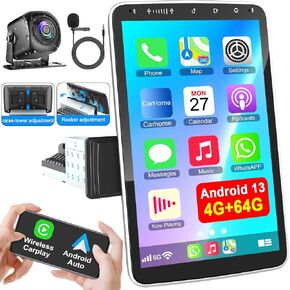 10 Inch Single Din Car Stereo Wireless CarPlay Android Auto 4G+64G Rotatable Touchscreen Android CarPlay Radio Bluetooth FM GPS Navigation WiFi Car Audio Receiver Head Unit QLED Screen