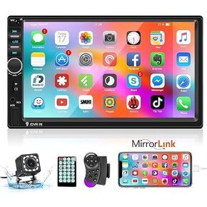 7 inch Double Din Car Stereo, Touch Screen Radio with Bluetooth Mirror Link Steering Wheel Control FM EQ + Backup Camera and Remote Control