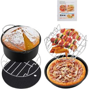 Flexzion Air Fryer Accessories for Phillips Gowise Ninja Foodi Cozyna Cosori Nuwave Air Fryer Accessories Parts 6 Set 7 Inch Fit All 2.6, 3.7, 5, 5.3, 5.8, 6, 8, 12 QT with Air Fryer Recipe Cookbook