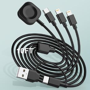 6 in 1 USB A/C Cable for Watch iPhone Charging Cable, 10FT Multi Charging Cable Compatible with iWatch Ultra/SE/9/8/7/6/5/4/3/2/1&iPhone 16/15/14/13/12/11/Galaxy, Universal Travel Charger -White
