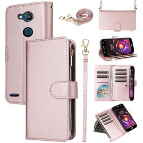 Wallet Case for LG X Charge/Fiesta 2 LTE/X Power 3/X5/LV7 with Wrist Strap Crossbody Shoulder Strap Zipper Card Holder Slots Protector Phone Cover LG-M322 XPower 2 SP320 M327 M322 Girls Pink