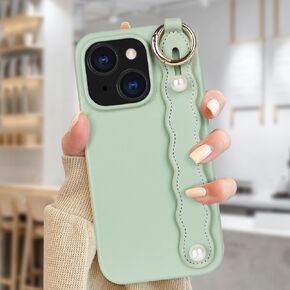 Compatible with iPhone 15 Wrist Strap Case with Wristband Kickstand for Women Girls Girly Slim Soft PU Leather DIY Metal Ring Protective Shockproof Phone Cover,Green