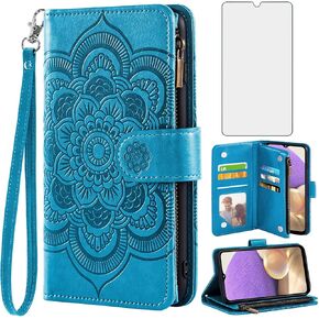 Asuwish Compatible with Samsung Galaxy A32 5G 2021 6.5 inch Wallet Case Tempered Glass Screen Protector Flip Card Holder Cell Phone Cover for Gaxaly M32 G5 Galaxies A 32 32A S32 SM-A326U A326U Blue