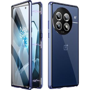 QUIETIP Case Compatible with OnePlus 13 5G,Magnetic Body Metal Frame Double Sided Clear Tempered Glass with Camera Protection Cover,Blue
