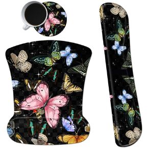 Ergonomic Mouse Pad with Wrist Support Gel Mouse Pads and Upgrade Keyboard Wrist Rest Pad Set, Coasters Non-Slip PU Base Mouse Mat for Office Gaming Computer Laptop Home, Glitter Butterfly