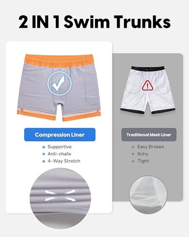 maamgic Men's Swim Trunks 5.5 inch Seersucker 2 in 1 Beach Shorts Quick Dry Bathing Suits with Compression Liner in Kuwait