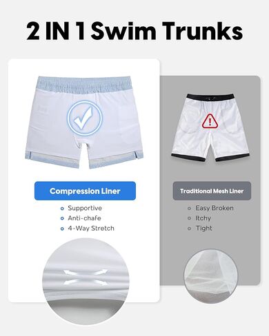 maamgic Men's Swim Trunks 5.5 inch Seersucker 2 in 1 Beach Shorts Quick Dry Bathing Suits with Compression Liner in Kuwait