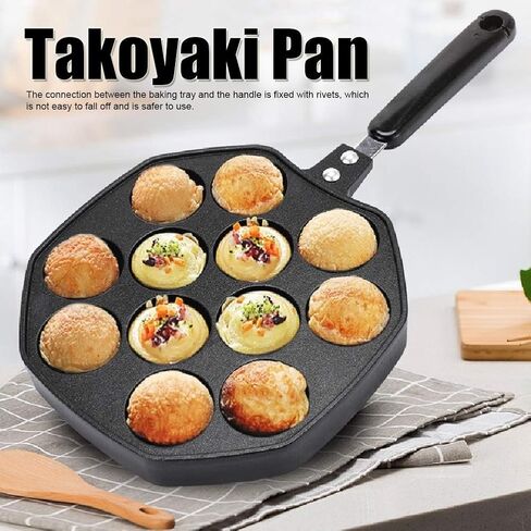 Agatige Takoyaki Maker ، 12 ثقوبًا غير محشوة بان فانكان ، ألومنيوم تاكوياكي عموم ، صينية خبز الطهي مع مقبض لصنع كرات فطيرة ، بوففيرت ، نفث ، تاكوياكي ، 13.4x7.1 × 1in in Kuwait