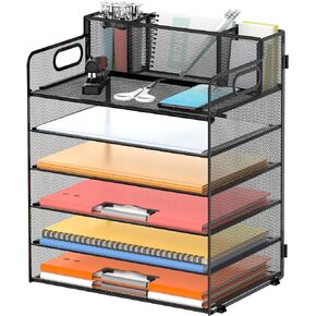 منظم ورق DALTACK للمكتب مع 3 حاملات أقلام، صينية تنظيم مكتب من 6 طبقات بمقابض، تخزين منظم الورق، منظم صينية الورق للمدرسة والمكتب المنزلي، أسود in Kuwait